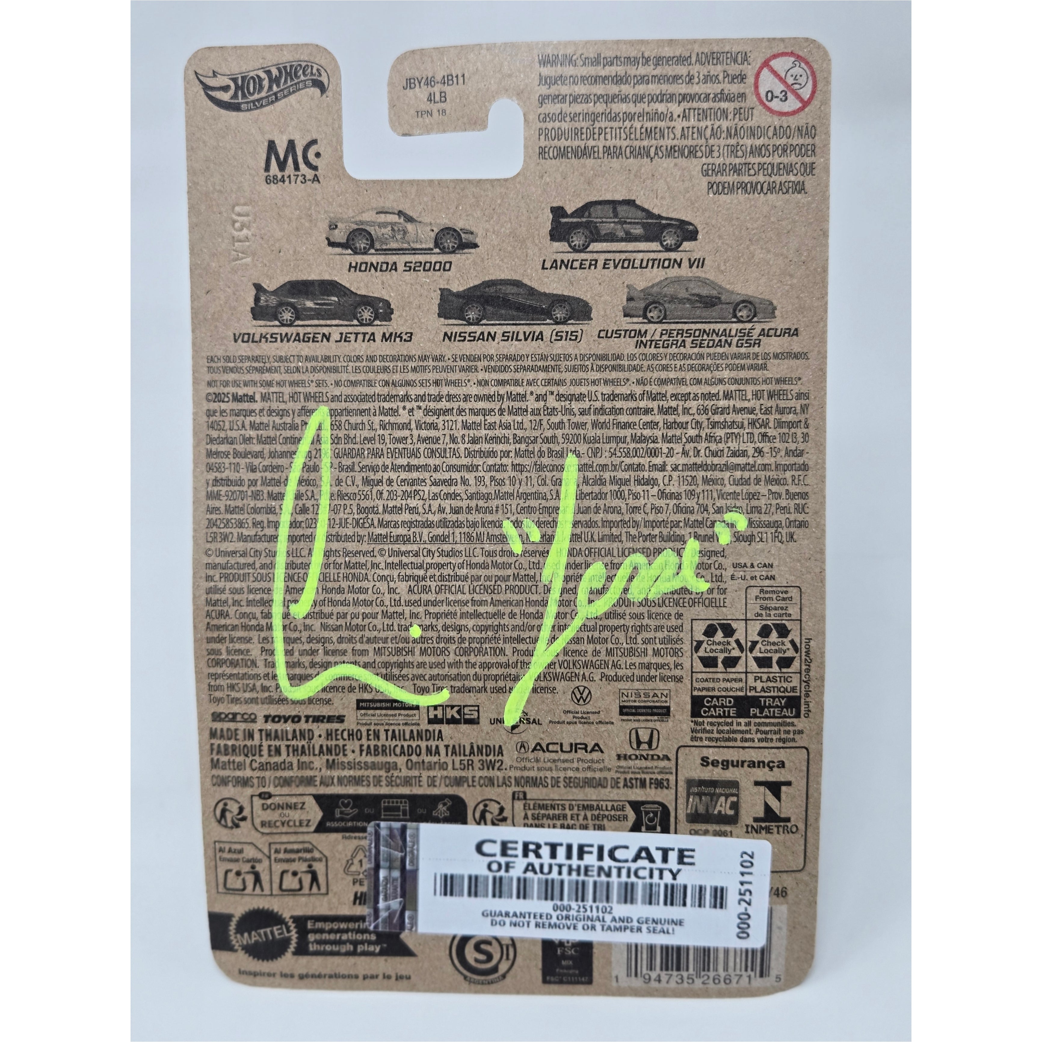 Chad Lindberg Signed Fast & Furious Hot Wheels “Graphic Remix” Volkswagen Jetta – Autographed Collectible